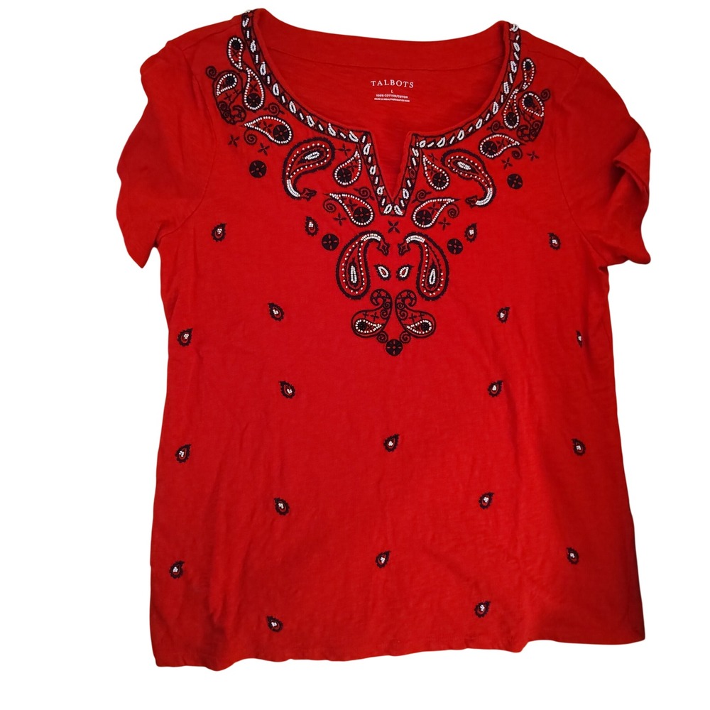 Talbots Red Beaded Paisley Split Neck Cotton Slub Knit T-Shirt Womens Large